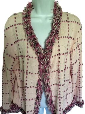 Women's Pink Fringe-Trim Open Front Cardigan Sweater-XL